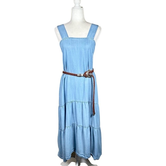 SAKS FIFTH AVENUE Sleeveless Tiered Square Neck Chambray Maxi Dress - Picture 11 of 11
